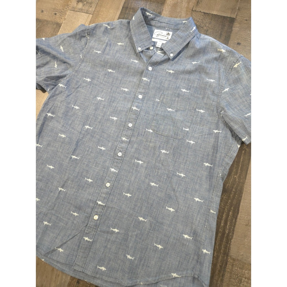 Bonobos Mens XXL Slim Fit Chambray Shark Print‎ Short Sleeve Button Down Shirt